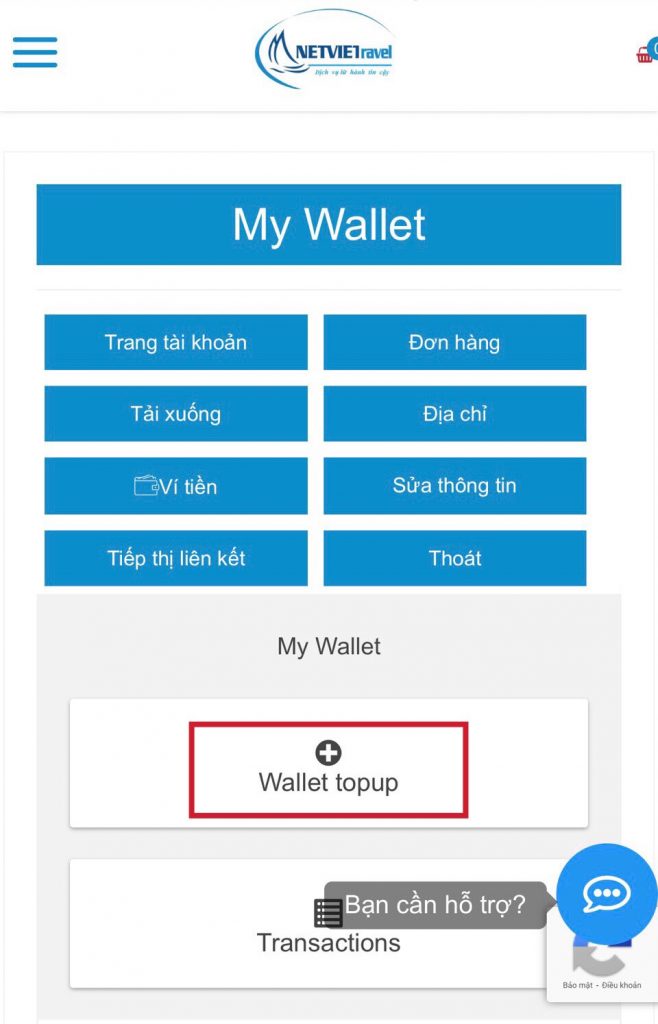 Hướng dẫn nạp tiền vào Ví tiền trên website của Netviet Travel