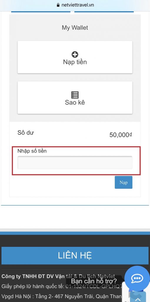 Hướng dẫn nạp tiền vào Ví tiền trên website của Netviet Travel