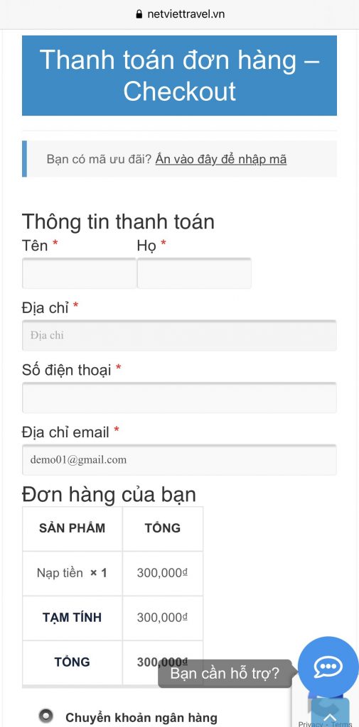 Hướng dẫn nạp tiền vào Ví tiền trên website của Netviet Travel